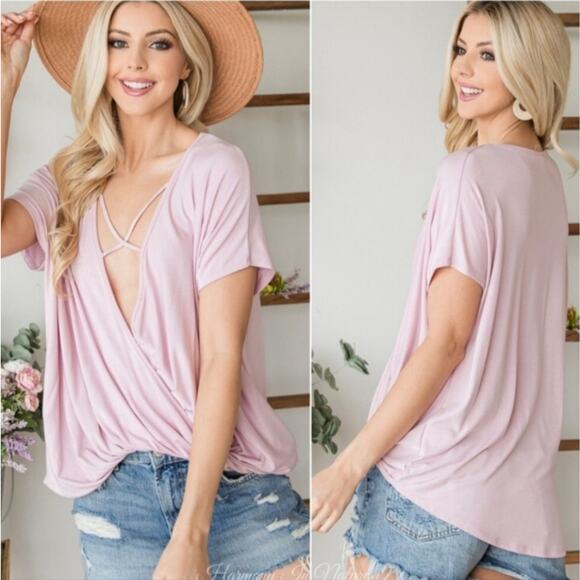 Cy Fashion Women's Deep V-Neck Surplice Criss Cross Top in Baby Pink Blush - Picture 9 of 11